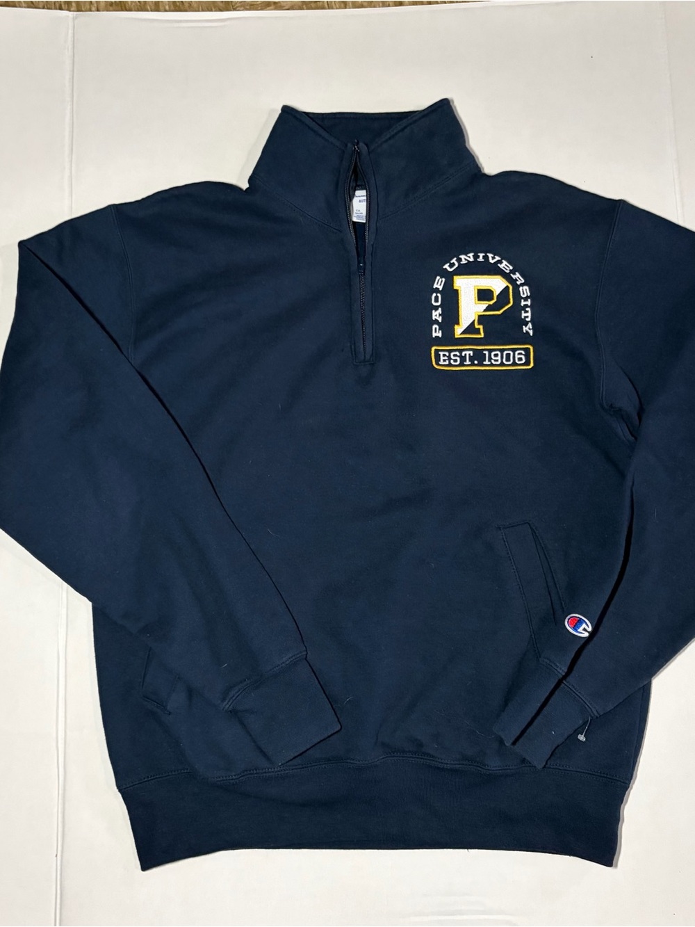 Champion Navy Pace University Quarter-Zip Sweatshirt with Yellow Logo